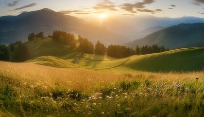 Fototapeta premium sunrise over the mountains,landscape, sky, field, grass, nature, meadow, summer, mountain, green
