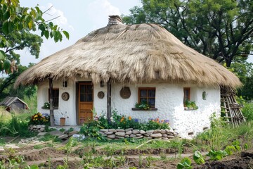 Fototapeta na wymiar A typical Ukrainian mud hut painted white with a thatched roof.