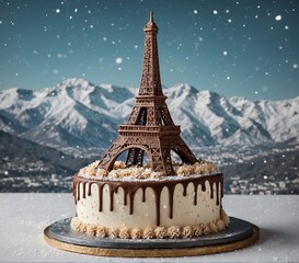 Eiffel Tower and cake with red berries on a background of snowy mountains