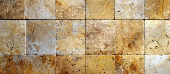 Close up of brown and yellow rectangular tiles on a wall