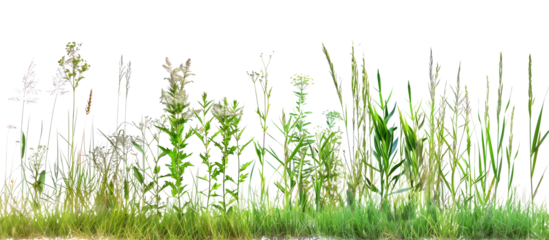 Gradient of grass heights ranging from low-growing thyme to tall feather reed grass, showcasing ecological succession, isolated on transparent background