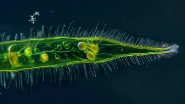 A closeup image of a euglenoid flagellum the long whiplike structure that propels the cell through water. The flagellum is covered . AI generation.