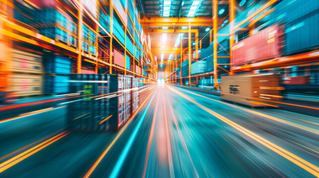 Blurring through the vibrant warehouse aisles