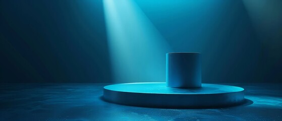 3d render. Abstract modern minimal blue background illuminated with bright spotlight. Showcase scene with cylinder podium for product presentation