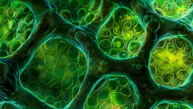 An electron microscope image of a chloroplast zoomed in on the grana region. The thylakoid discs appear tightly packed and organized . AI generation.