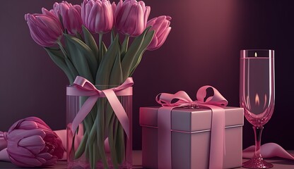 A pink vase of pink tulips sits next to a closed pink gift box with a pink ribbon on a pink background.

 - obrazy, fototapety, plakaty