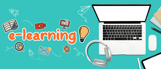 Laptop, headphone and stationery on blue background with the word e-learning
