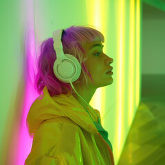 A girl with pink and purple hair, wearing white headphones over her shoulders and a pink shirt on a bright green background