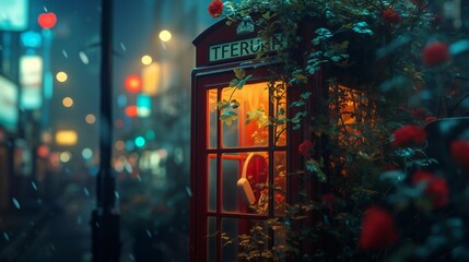 An old telephone booth in a blur old city, flowers blooming out from the booth.