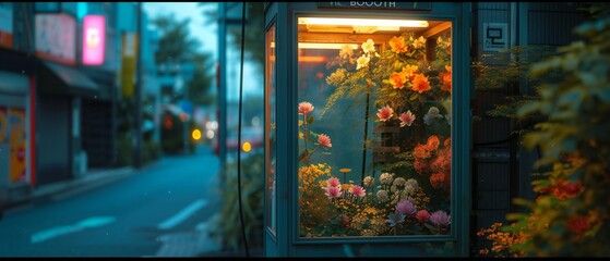 Bloom Box Retreat: Amidst the city, a repurposed telephone booth stands adorned with flowers.