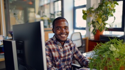 Obraz premium An african man working on laptop in office.