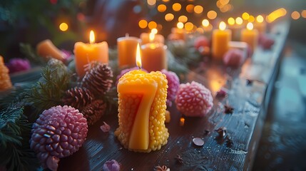 An elegant composition capturing the beauty of a birthday candle molded into the shape of the number "7," standing tall against a backdrop of soft candlelight - Powered by Adobe