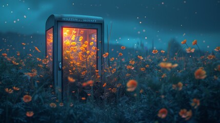 Flowers unfurl their petals within the solitude of a moonlit telephone booth, casting a serene glow in the darkness.