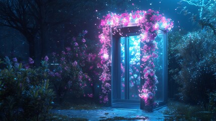 Illuminated by moonlight, flowers unfurl their petals within the solitude of a darkened telephone booth.
