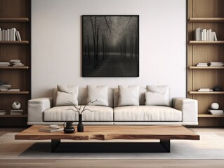 A living room with a white couch and a black and white framed picture of a forest. The room is very clean and organized, with a wooden coffee table and a vase on it