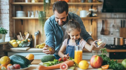 A man and a little girl are in a kitchen preparing a healthy meal. They are surrounded by a variety of fruits and vegetables, including apples, oranges, and carrots - Powered by Adobe
