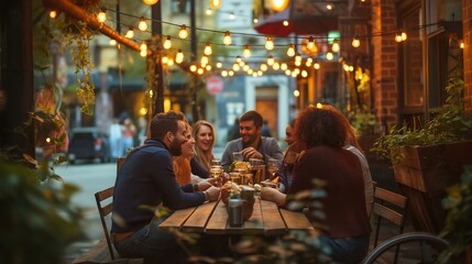A group of people are sitting at a table outside a restaurant, enjoying a meal together. The atmosphere is lively and social, with everyone engaged in conversation and laughter. The outdoor setting