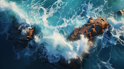 Sea waves photo background spectacular aerial view with white waves of sea water splashing on the rock in the background
