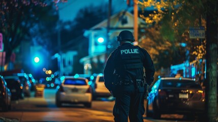 A police officer on patrol in a neighborhood at night