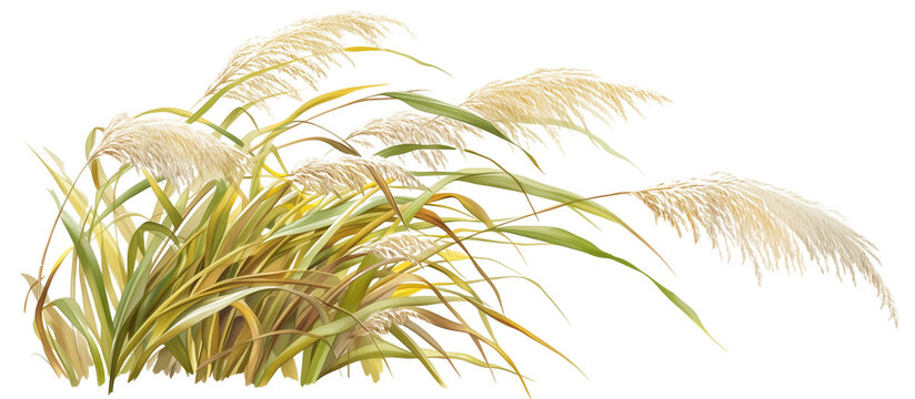 Sweep of miscanthus sinensis grass, showcasing its tall stature and dramatic feathery plumes, perfect for creating visual interest in large gardens, isolated on transparent background -