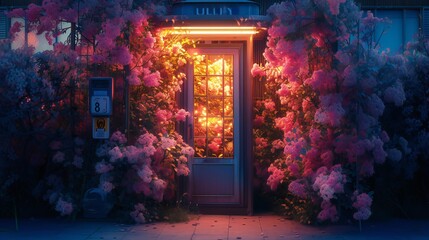 Midnight Bloom: Flowers fill a telephone booth under the cloak of night, casting a soft glow.