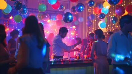 A man is standing behind a bar at a party with many people around him. The atmosphere is lively and energetic, with colorful lights and decorations