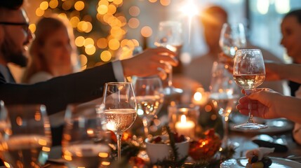 A group of people are celebrating a holiday by raising their wine glasses. The table is set with wine glasses, plates, and food. The atmosphere is festive and joyful