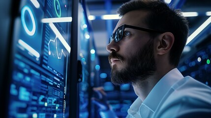 A man wearing glasses is looking at a computer screen with a lot of numbers and graphs. He is focused and attentive, possibly analyzing data or working on a project