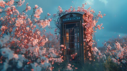 Nature reclaims an abandoned telephone booth, adorning it with delicate blossoms against a backdrop of neglect.