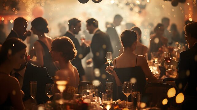 A group of people are at a party, with some of them holding wine glasses. The atmosphere is lively and social, with people mingling and enjoying themselves