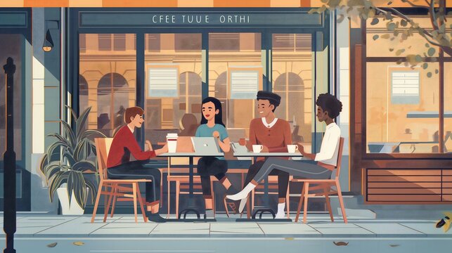 A Group Of People Are Sitting At A Table Outside A Cafe. They Are All Using Laptops And Seem To Be Working Or Studying Together. The Atmosphere Is Relaxed And Social