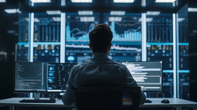 A man is sitting in front of a computer monitor with several screens open. He is focused on the computer and he is working on a project. The room is dimly lit, and the man is wearing a blue shirt