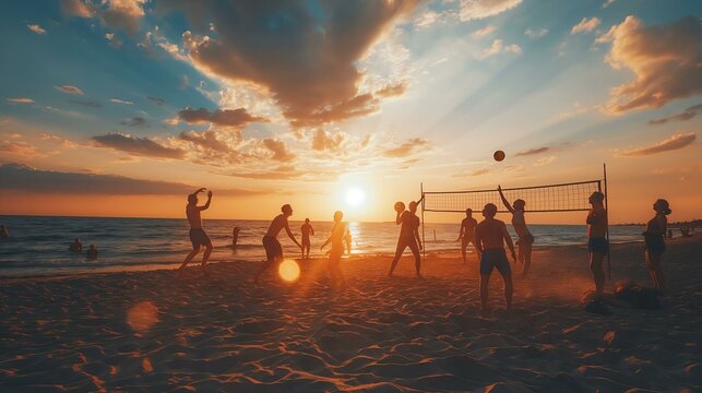 A group of people playing volleyball on a beach at sunset. The sky is filled with clouds and the sun is setting, creating a warm and inviting atmosphere