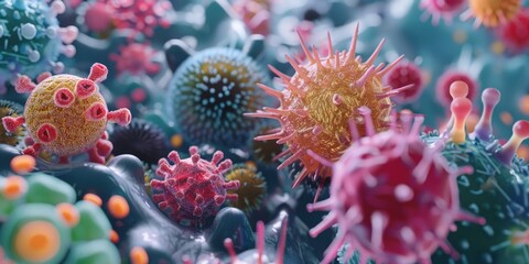 A colorful image of many different types of viruses and bacteria. Scene is chaotic and overwhelming, as the various shapes and colors of the microorganisms seem to be competing for attention