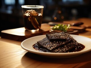 A plate of food with a glass of liquid next to it. Scene is casual and relaxed