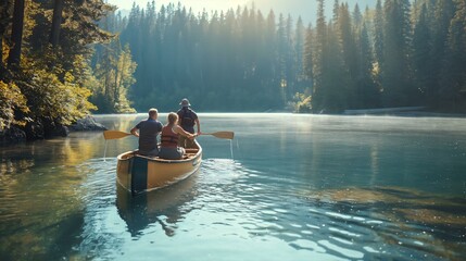 A group of people are paddling a canoe on a lake. Scene is peaceful and relaxing, as the group enjoys the serene surroundings