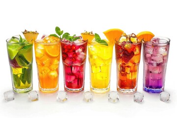 A row of colorful drinks in glasses with ice cubes