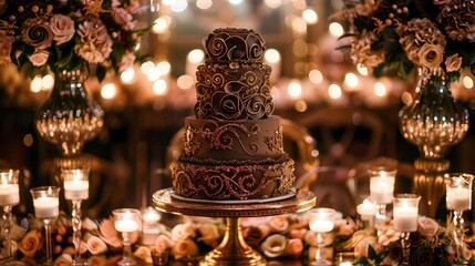 A beautifully decorated chocolate birthday cake topped with intricate icing designs, presented as the centerpiece of a lavish wedding dessert table, with soft candlelight illuminating the scene