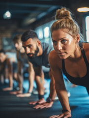 Obraz premium A group of people are doing pushups in a gym. A woman is in the middle of the group