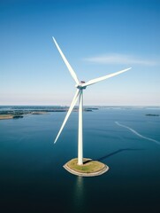 A large wind turbine is standing on a small island in the ocean. Concept of power and energy, as the turbine is a symbol of renewable energy and the potential for a cleaner future