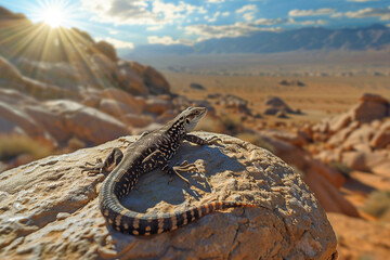 Lizard Sunbathing on Desert Rock A lizard sunbathing on a desert rock its sleek body absorbing the...