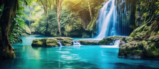 Waterfall cascading in a lush forest, surrounded by greenery and natural beauty