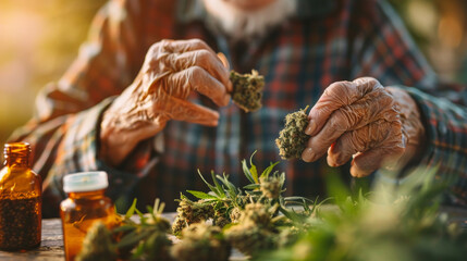 An older man is holding a bunch of marijuana in his hands - obrazy, fototapety, plakaty