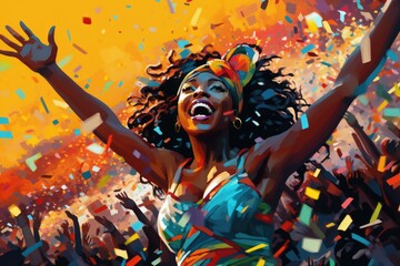 A woman is standing in front of a crowd of people, with her arms raised and a smile on her face. A woman in a colorful outfit, surrounded by confetti