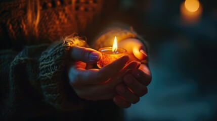 A person is holding a candle in their hand. The candle is lit and the person is wearing a sweater