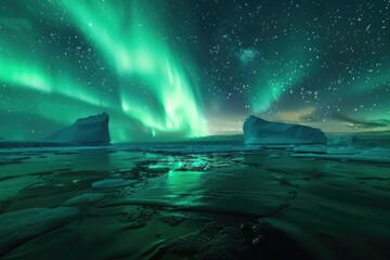 A beautiful, serene landscape with a large iceberg in the foreground and a green aurora in the background
