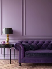 A purple couch sits in front of a wall with a purple color. A lamp is placed on a table in front of the couch