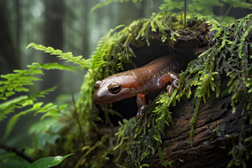 Salamander Emerging from Mossy Log A salamander emerging from the damp recesses of a mossy log its moist skin and slender body blending seamlessly into its woodland habitat as 