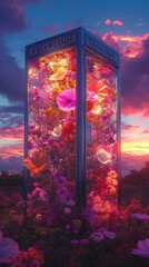 Dusk Bloom: As the sun sets, a telephone booth becomes a canvas for blossoming flowers, bathed in warm hues.