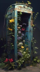 Obraz premium Rustic Bloom Box: A weathered telephone booth becomes a rustic planter, alive with fresh blooms.